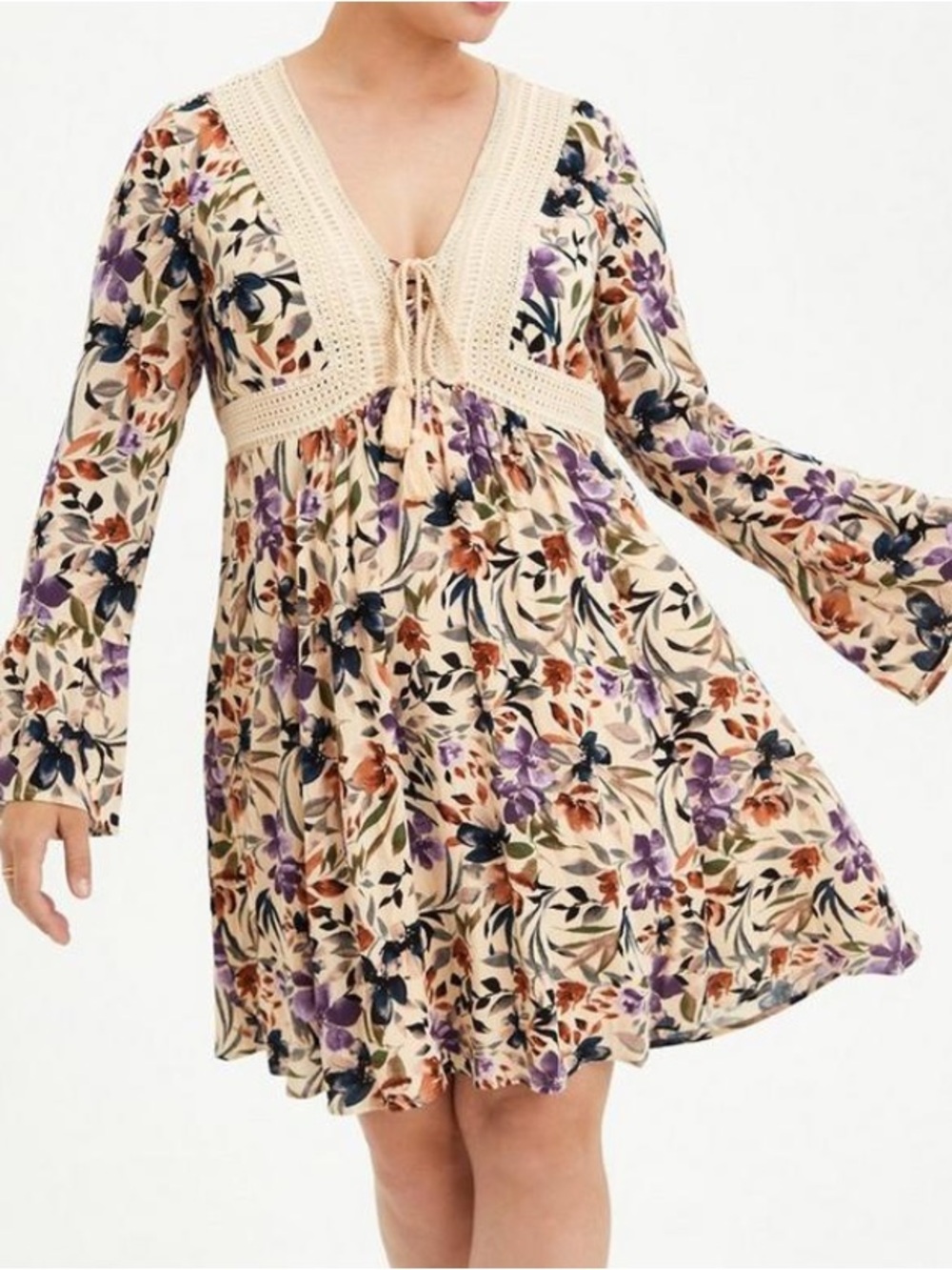 torrid Cream Floral Crochet-Trim Long Sleeve Babydoll Dress
